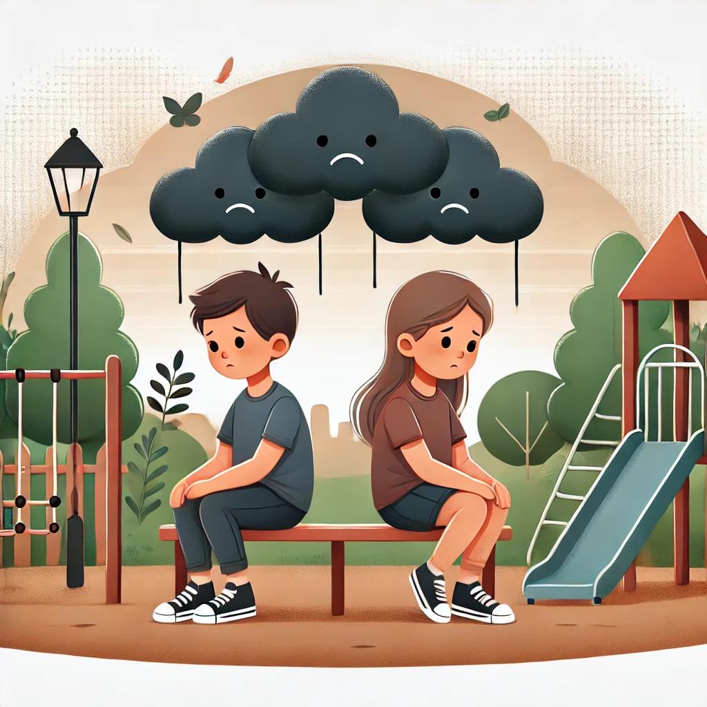 Ilustración de dos niños sentados en un parque, con expresiones tristes y nubes oscuras sobre sus cabezas, simbolizando bullying y problemas de autoestima.